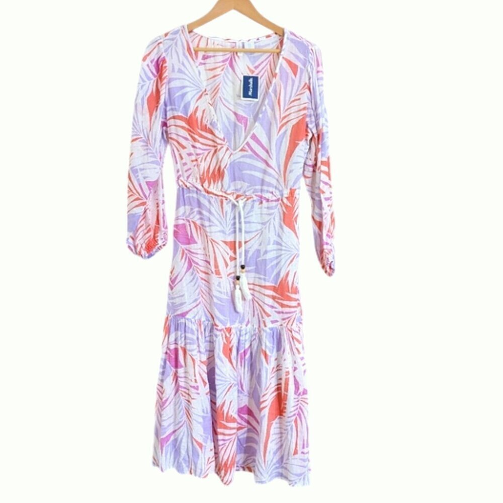 Cynthia Rowley Palm Print Linen Blend Cover Up Dress Purple Coral Size S